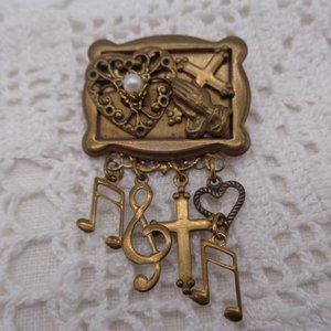 Vintage Brass Tone Religious Cross Choir Dangle Brooch